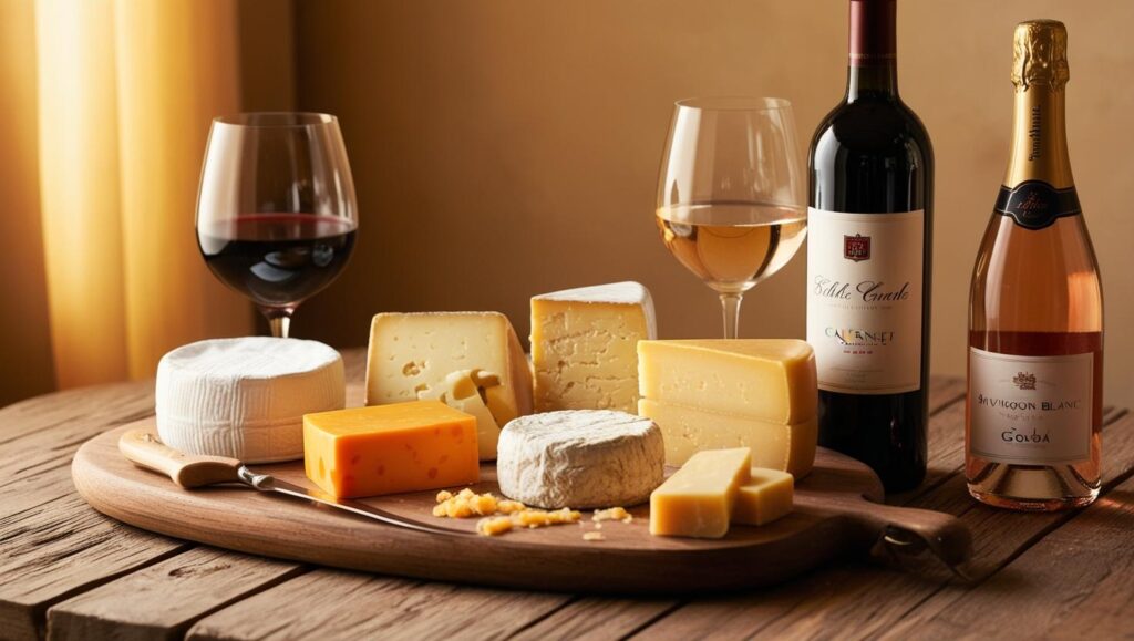 Käse und Wein serviert